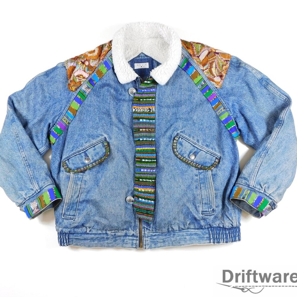 NENA & CO Womens Large Upcycled Levis Sherpa Denim Jean Jacket HUIPIL Patches